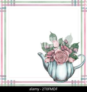 Teapot and rose flower. Hand drawn watercolor illustration isolated on ...