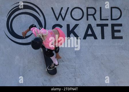 Lido Di Ostia, Rome, Ita. 06th Oct, 2023. Heili Sirvio of Finland warms up during the 2023 Skateboarding Park World Championship women's quarterfinals practice, a qualifying event for Paris Olympic Games, at The Spot Skatepark in Lido di Ostia, Rome, Italy, October 6th, 2023. Credit: Insidefoto di andrea staccioli/Alamy Live News Stock Photo