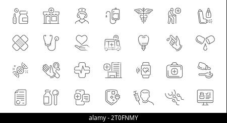 Pharmacy and medicine, hospital icons set. Healthcare collection of symbols and signs. Vector outline linear style Stock Vector