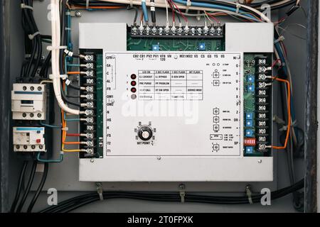 Hvac control panel or temperature regulating equipment. Open make-up air unit electrical closet on rooftop of residential or commercial strata buildin Stock Photo