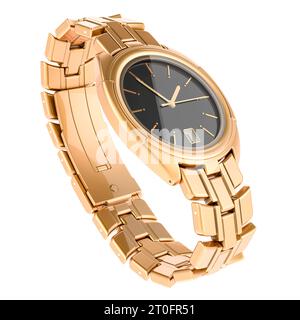 Golden mens wristwatch, 3D rendering isolated on white background Stock Photo