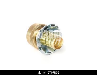 Female clinch coupling for hose end repair. Brass garden hose mender or hose connector to repair broken, corroded or damaged garden hose. Selective fo Stock Photo
