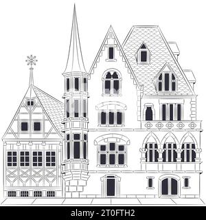 Black and white drawing of a traditional old half-timbered and stone German house. Stock Vector