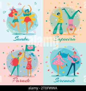 Four squares parade people flat icon set with samba capoeira parade and serenade descriptions vector illustration Stock Vector