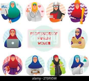 Set of flat icons professions of muslim women teacher doctor military builder and scientist isolated vector illustration Stock Vector