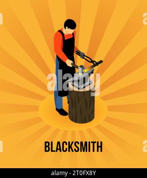 Blacksmith during metal work isometric concept on radial orange background vector illustration Stock Vector