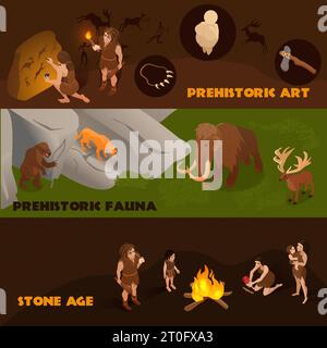 Horizontal isometric banners set with prehistoric fauna primitive people and their art 3d isolated vector illustration Stock Vector
