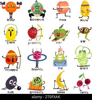 Set of cartoon icons funny fruits during various sport training including sumo archery jogging isolated vector illustration Stock Vector