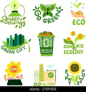 Ecological restoration flat emblems sun energy eco factory recycling of waste and green city isolated vector illustration Stock Vector