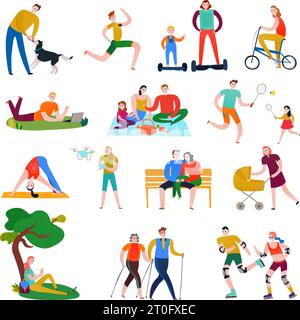 Flat set of colorful icons with people having rest doing sports playing in park isolated on white background vector illustration Stock Vector