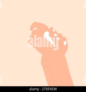 Female hand applying lotion, cream to the other hand. Hydration and protection. Flat style, vector illustration. Skin care concept. Stock Vector