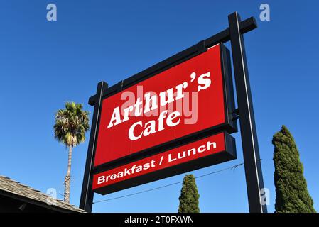 ORANGE , CALIFORNIA - 4 OCT 2023:  Sign at Arthurs Cafe on Tustin Street, serves a wide variety of comfort for over 40 years. Stock Photo