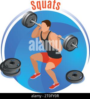 Man with barbell on shoulders during squats on blue round background isometric vector illustration Stock Vector
