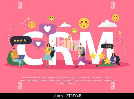CRM customer relationship management background composition of cartoon human characters pictograms thought bubbles and editable text vector illustrati Stock Vector