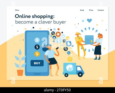 Online shopping benefits advantages convenience concept flat banner website design with smartphone order purchase delivery vector illustration Stock Vector