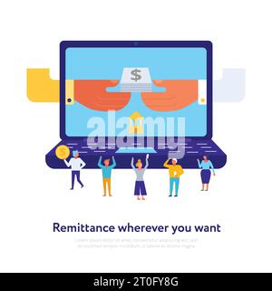 Online payment concept with customers and money order on laptop screen on white background flat vector illustration Stock Vector