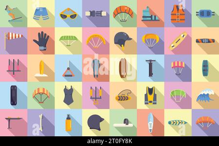 Kitesurfing icons set flat vector. Active fun. Kite board Stock Vector