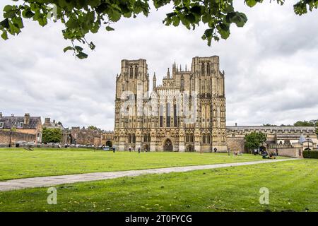 Wells, UK- August 4, 2023: Wells Cathedral dedicated to St Andrew and built in the Gothic Style Stock Photo