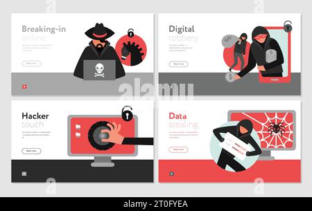 Hacker activity set of horizontal banners breaking of computer systems digital robbery data stealing isolated vector illustration Stock Vector