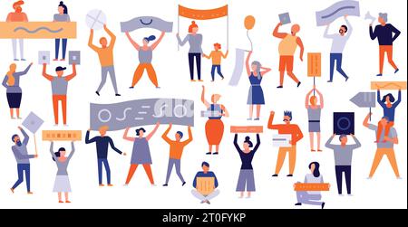 Set of protesting people adults and kids with placards and banners isolated on white background vector illustration Stock Vector