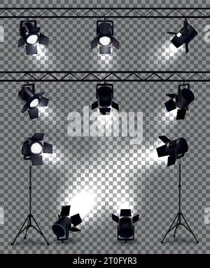 Spotlights set with realistic images on transparent background with metal body spot lights and mounting equipment vector illustration Stock Vector