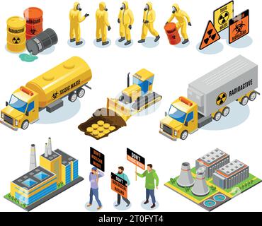 Toxic waste isometric icons with nuclear power plant biological infectious materials transportation disposal environmental activists vector illustrati Stock Vector