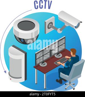 Security system cctv cameras motion sensors observation monitoring devices operator isometric composition blue round background vector illustration Stock Vector