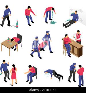 Alcoholism and narcotics isometric set with drunk and drugged men in various situations isolated vector illustration Stock Vector