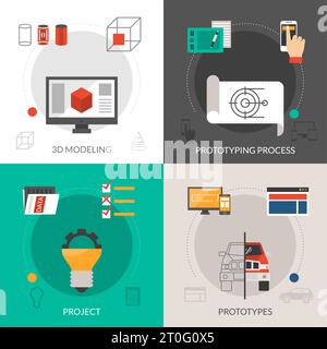 Prototyping and modeling design concept set with 3d project icons isolated vector illustration Stock Vector