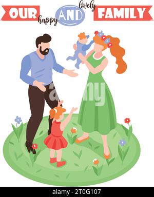 Isometric positive parenting background with faceless characters of man woman and kids on circle grass surface vector illustration Stock Vector