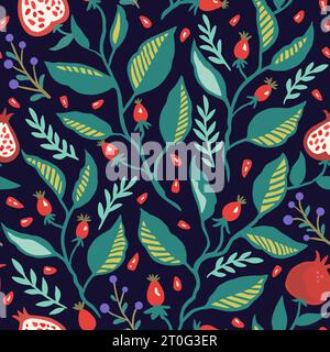 Seamless pattern with dynamic stylizes branches with red berries. Original trendy background for design Stock Vector
