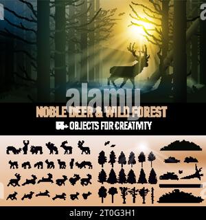 Silhouette of a Noble Deer, Flying Birds in Magic Misty Forest at Sunrise. Illustration of Landscape with Wild Forest, Trees, Mountain, and Collection Stock Vector