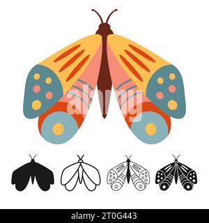 Moth stylized boho retro set. Mystical bohemian butterfly symbol insect wings with ornament. Colored, silhouette or symbol, doodle tattoo, line ornate celestial moth. Vintage decoration ornate vector Stock Vector