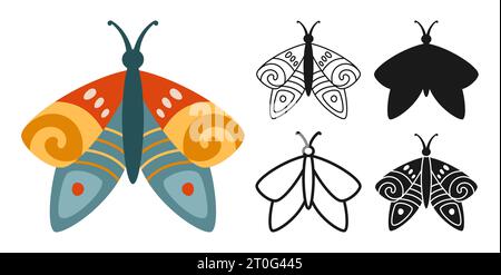 Butterfly abstract retro set. Mystical bohemian moth symbol insect wings with ornament. Colored, silhouette or symbol, doodle tattoo, line ornate celestial moth. Vintage decoration ornate kids vector Stock Vector