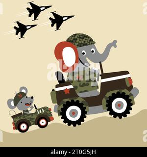 Funny elephant and mouse in soldier uniform driving military vehicle, vector cartoon illustration Stock Vector