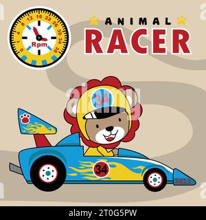 Cute lion wearing racing helmet driving racing car, vector cartoon illustration Stock Vector