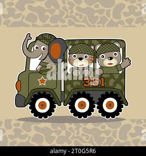 Funny animal soldiers on military truck, vector cartoon illustration Stock Vector