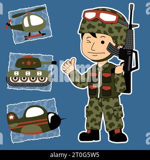 young soldier holding rifle with military vehicles, vector cartoon illustration Stock Vector