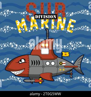 military submarine cartoon with shark features, vector cartoon illustration Stock Vector