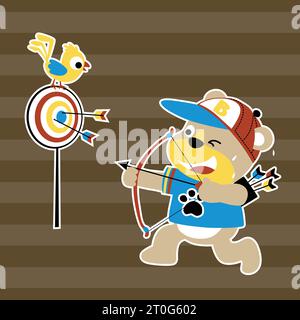 Cute bear playing archery, bird perching on archery target, vector cartoon illustration Stock Vector
