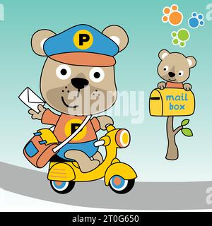 cute bear riding scooter, little bear on mail box, vector cartoon illustration Stock Vector