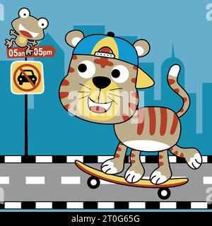 Funny cat playing skateboard in city road, frog sitting on road sign, vector cartoon illustration Stock Vector