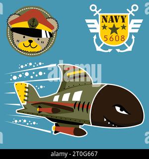 military submarine, military logo with funny bear wearing sailor cap, vector cartoon illustration Stock Vector