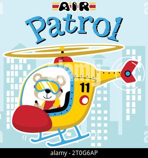 funny bear on helicopter, vector cartoon illustration Stock Vector