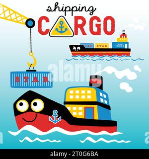busy port with funny cargo ships, vector cartoon illustration Stock Vector