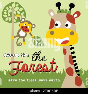 Funny giraffe with monkey in the tree, vector cartoon illustration Stock Vector