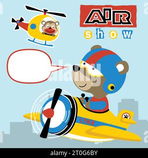 Funny bear on airplane with monkey on helicopter, vector cartoon illustration Stock Vector