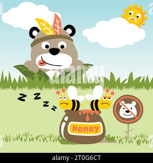 Cute bear wearing feather headdress hunting honey jar, bees guarding honey jar, vector cartoon illustration Stock Vector