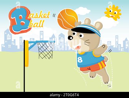 Cute bear playing basketball on buildings background, smiling sun behind clouds, vector cartoon illustration Stock Vector