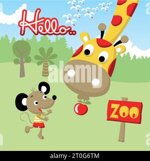 Cute giraffe give fruit to mice in forest, vector cartoon illustration Stock Vector